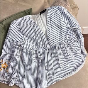 White and Blue Wrap Peplum Blouse 3/4 Sleeve